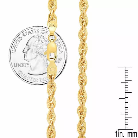 10k Yellow Gold Light 2mm-7mm D/Cut Rope Chain Necklace Size 16"-30" Hollow