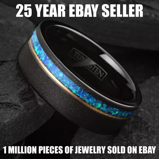 8mm Black & Rose Gold Plated Tungsten Carbide Blue/Teal Opal Wedding Band Ring