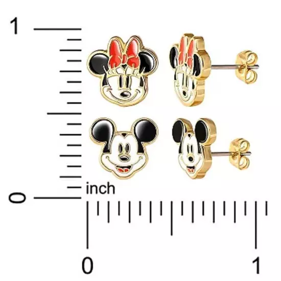 Disney Mickey Minnie Mouse Stud Earrings Duo Set 18k Gold Flash Plated