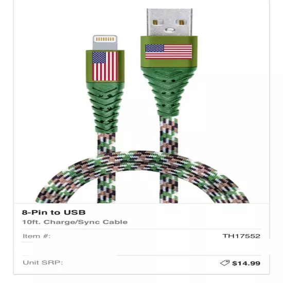 Support Our Troops 8-Pin To USB Extra Heavy Duty 10ft Charge/Sync Cable Camo