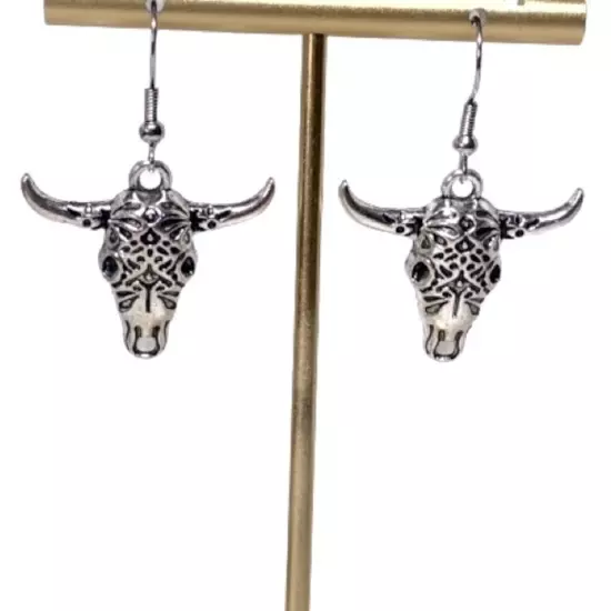 New Cowboy Boho Steer Longhorn Bull Earrings Silver-tone Pierced 2”L Laser Cut