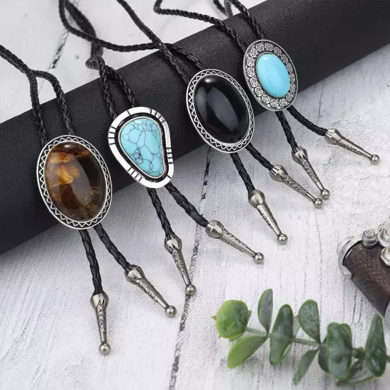 4Pcs Bolo Tie for Men Western Cowboy Natural Tiger Eye Leather Necktie Halloween