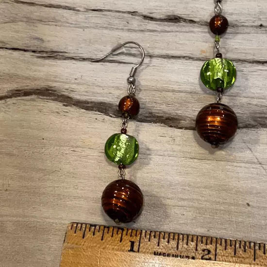 Lovely Green & Brown Glass Earrings Fish Hook