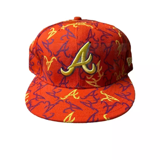 Atlanta Braves Hat New Era 59Fifty All Over Print Baseball Cap Orange 7 5/8 New