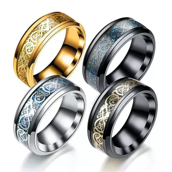 8mm Mens Celtic Dragon Stainless Steel Ring Band Hip Hop Rings Boys Gift Sz 6-12