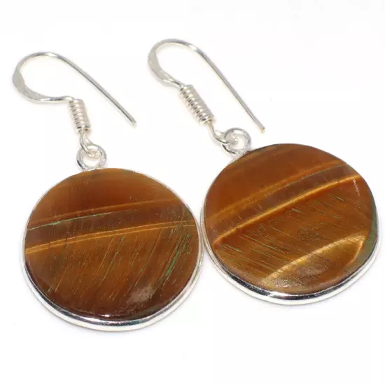 Tiger Eye 925 Silver Plated Round Earrings 1.6" Fashionable Jewelry GW