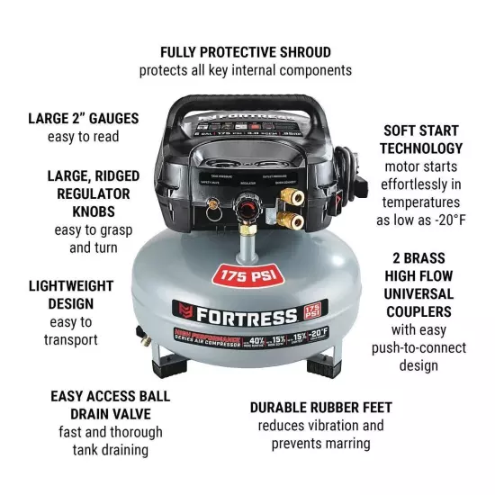 FORTRESS 6 Gallon, 175 PSI High Performance OilFree Pancake Jobsite AirCompresor