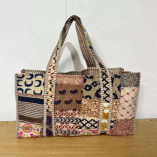 Indian Beige Patchwork Quilted Shoulder Bag Women's Beach 100% Cotton Handbag US