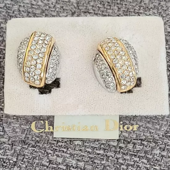 CHRISTIAN DIOR NEW Gold Plate Earrings Rhinestones Clip-On Earrings Vintage NOS