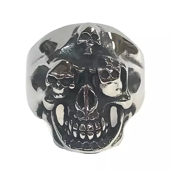 Stainless Steel Men’s Biker Style Ring Size 8 Multiple Skulls 16+ Grams