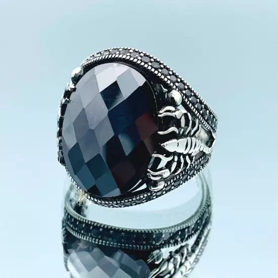 Scorpion Detailed Black Zircon Gemstone 925 Sterling Silver Men's Ring, All Size