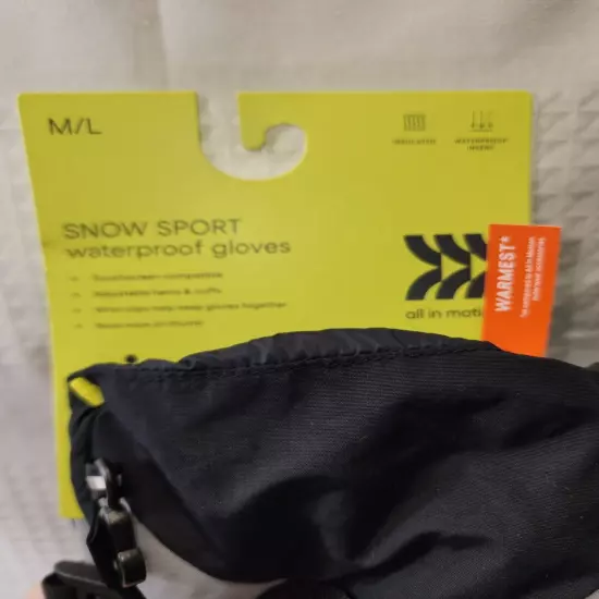 All In Motion Mens Snow Gloves Med Large Blk Heavy Warm Waterproof Insulated 