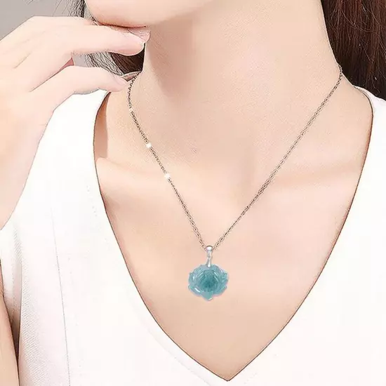 Certified Natural Blue Burma A Jade jadeite Lotus S925Silver Pendant Necklace