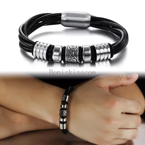 Black Men's Braided Leather Stainless Steel Cuff Bangle Magnetic Bracelet