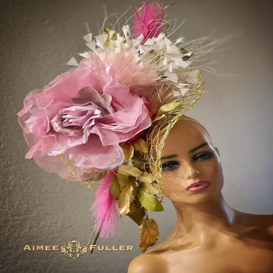 Aimee Fuller Kentucky Derby Hat Ascot Fascinator Gold Pink White Rose Del Mar