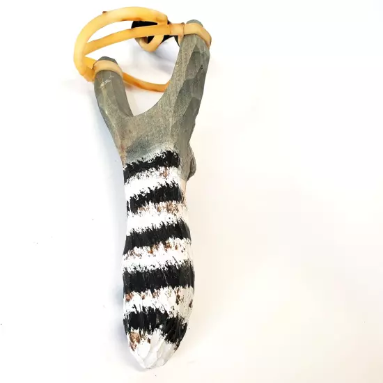 HANDMADE WOOD CARVED HAND PAINTED RACOON HEAD SLING SHOT