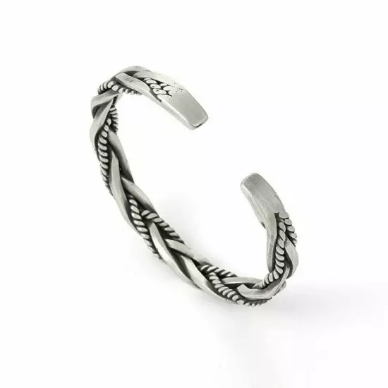 Men Thai Handmade Vintage Open Bangle Twisted Cuff Bracelet 925 Sterling Silver