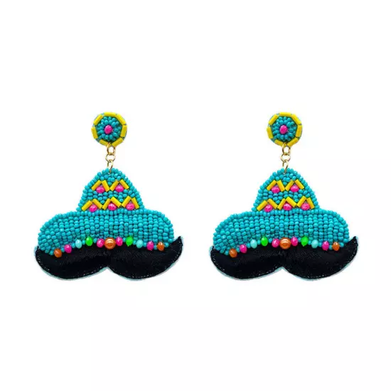 Turquoise Felt Back Seed Beaded Hat Mustache Dangle Earrings