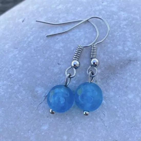 Turquoise Blue glass bead drop earrings 8 mm faceted ball bead