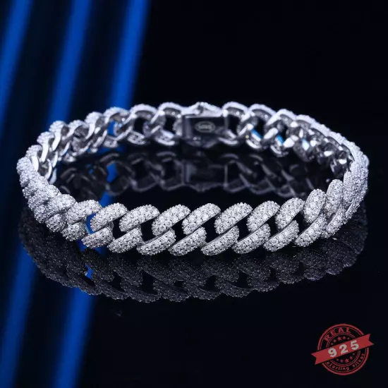 HOT SALE 925 Sterling Silver Cuban Link Chain Mens Fashion Hip Hop CZ Bracelet