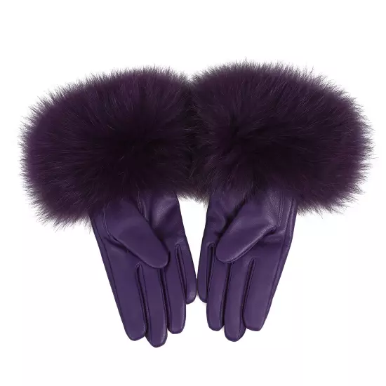 Women Genuine Lambskin Leather Gloves With Real Fox Fur Trim Cuff Winter Warm