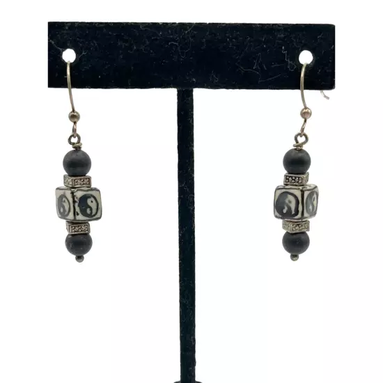 Handmade Sterling Silver Yin Yang Beaded Dangle Earrings Black Zen Hippie Boho