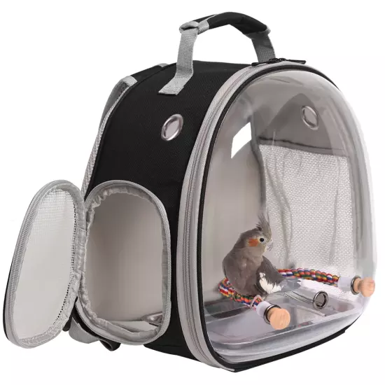 Portable Bird Travel Carrier Backpack + Rope Perch Transparent Double Shoulder