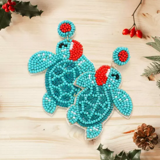 Turquoise Felt Back Seed Beaded Santa Hat Turtle Dangle Earrings