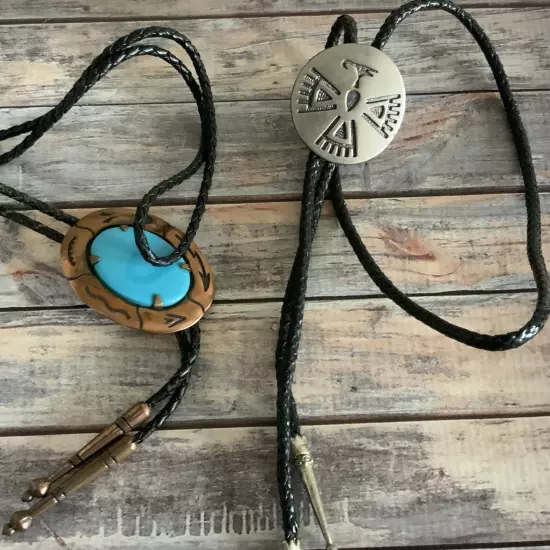 Set of two copper and silver tone south western bolo tie necklaces