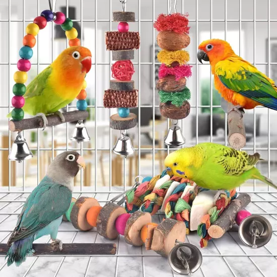 Bissap Bird Chew Toys, 7 Packs Parakeet Natural Wood Toys Parrot 