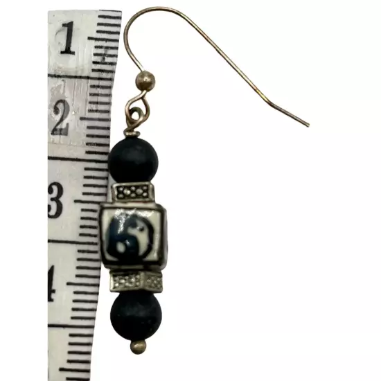 Handmade Sterling Silver Yin Yang Beaded Dangle Earrings Black Zen Hippie Boho