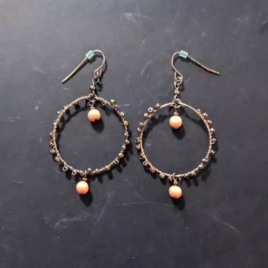 Copper Tone Orange Pink Coral Color Beaded Hoop Dangle Statement Earrings