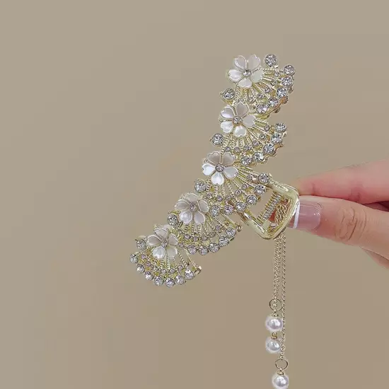 Large Rhinestone Hair Claw Pearl Flower Tassels Fan-shaped Metal Ponytail Clip