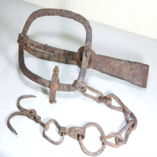 18thC Antique Hand Forged Iron Animal Trap Wrought Jaws and Chain w/ Double Hook