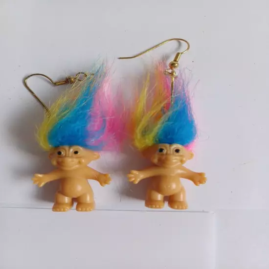 Russ Troll Doll Rainbow Hair Good Luck Dangle Earrings Vintage