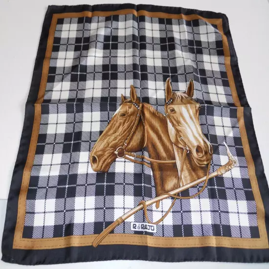 AUTH DI RATTI 100% SILK SCARF/POCKET SQ -ELEGANT HORSE/PLAID DESIGN - ITALY MADE