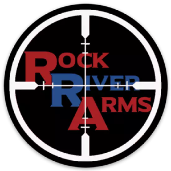 Rock River Arms Red, White, Blue & Black Logo Type w/ Crosshairs Round STICKER