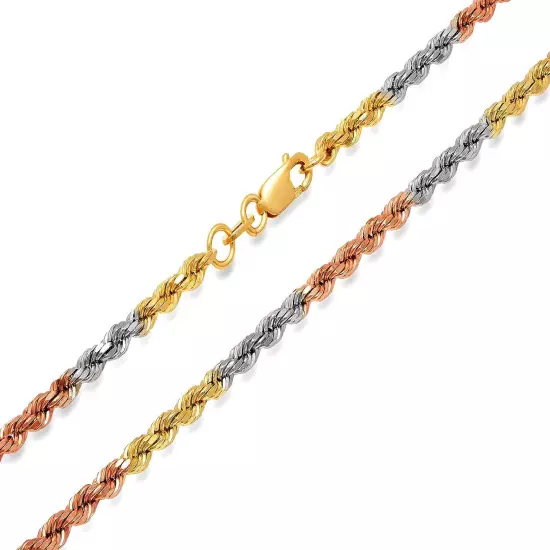 14k Gold Tri-color Solid Rope Chain 2.5mm-4mm Twist Link Necklace 16"-26"