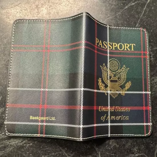 Baekgaard Genuine Leather Passport Cover Holder Green Blue Plaid Gold Letters