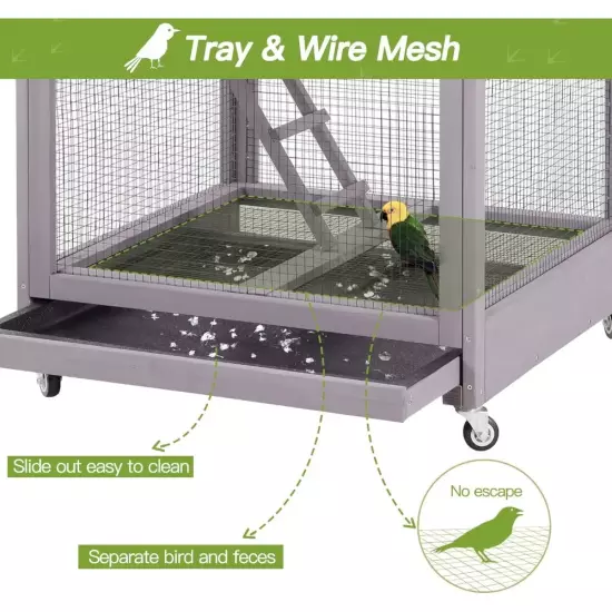 71in' Outdoor Large Wooden Bird Cage on Wheels Play Stand Perch Nest Cockatiel