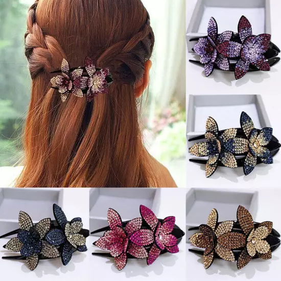 Ladies Rhinestone Double Flower Hair Clip Barrettes Crystal Comb Large Catch 1x-