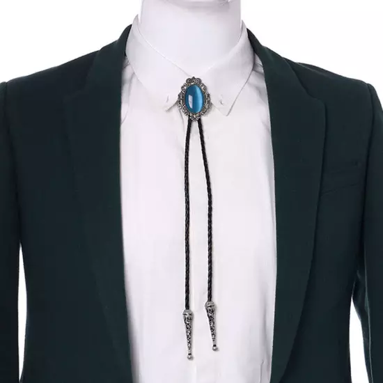 Vintage Men Bolo Tie Western Cowboy Crown Agate Turquoise Alloy Necklace PU Rope