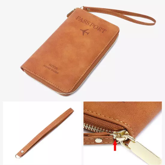 RFID Leather Travel Passport Case Cover Zipper Wallet Card Holder with Wristband