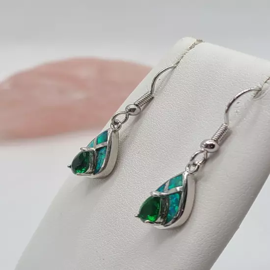 Beautiful Opal & Emerald Stamped 925 Earrings 