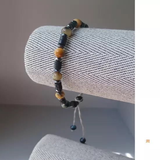 New men's gold hawk's eye with onyx and hematite handwoven bracelet