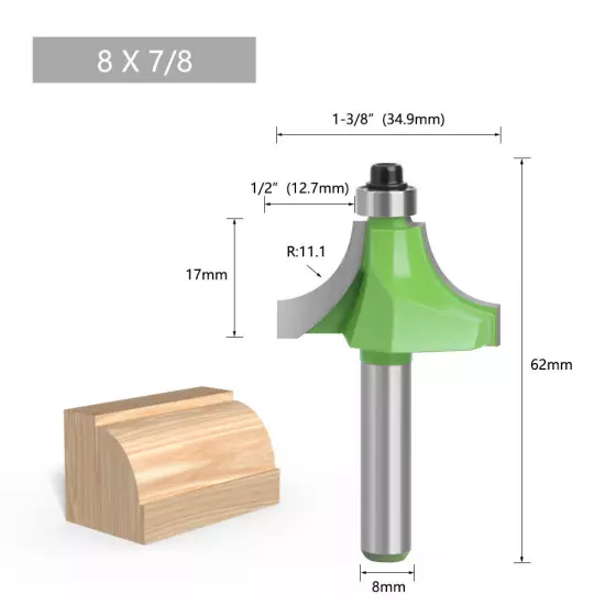 8mm Shank Round Over Edge Profile Router Bit, 2.25-12.7mm Radius 1PC/10PCS GREEN