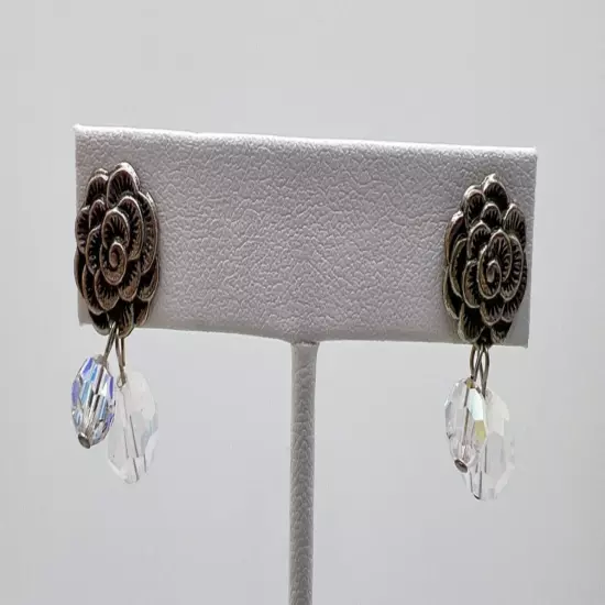 Pewter Tone Textured Rose Flower Stud Earrings w/Dangle Iridescent Clear Beads