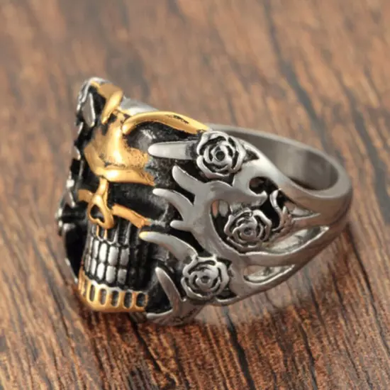 Mens Stainless Steel Gothic Rings Steam Punk Biker Flower Skeletons Gold Jewelry