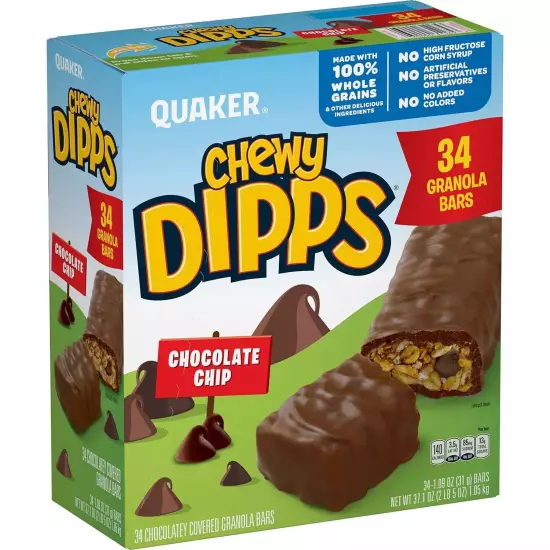 Quaker Chewy Dipps Granola Bars, Chocolate Chip, 1.09 oz Each 34 ct.