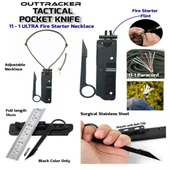 Survival Fixed Blade Knife 11-1 Ultra Fire Starter Paracord Necklace Sheath